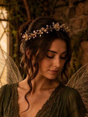 Fairy Fashion 🧚♂️ Gold-Tone & Pink Floral Pearl Headpiece with Ribbons